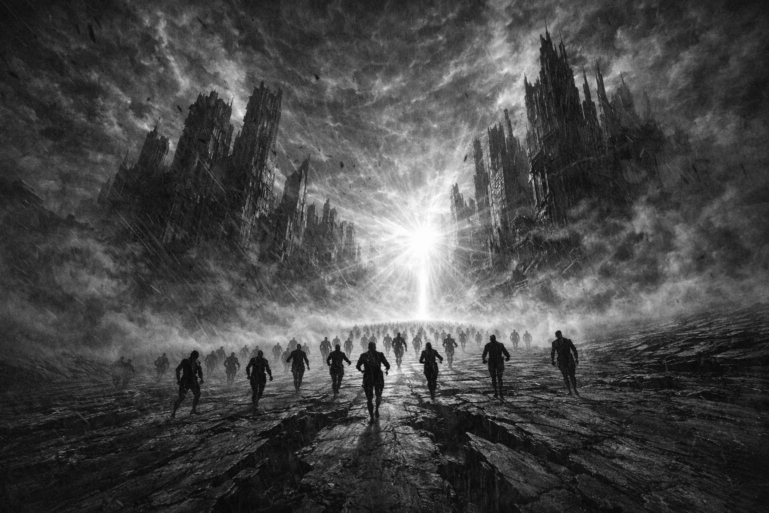 Figures running toward light through crumbling gothic structures