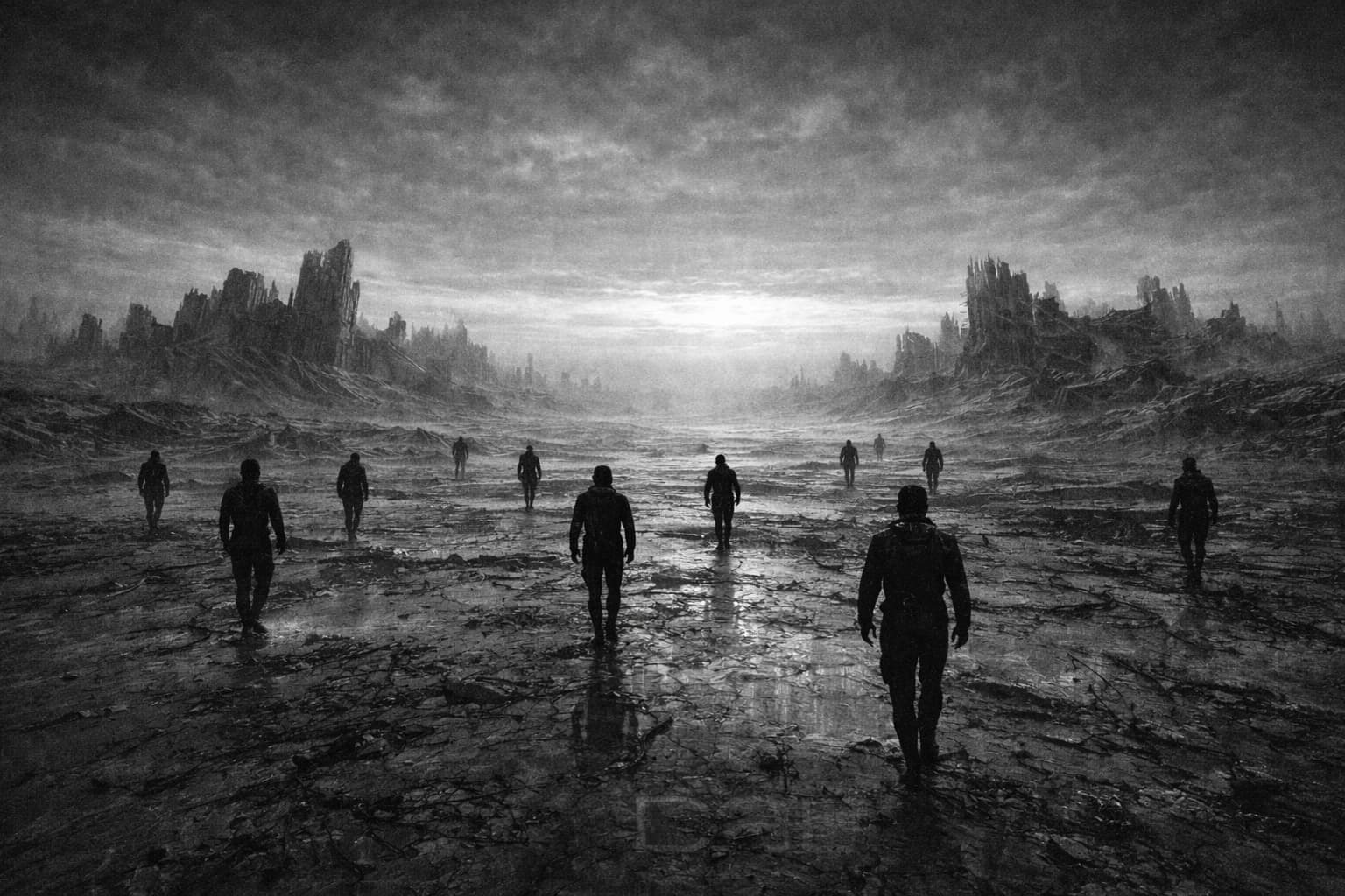 Figures walking across desolate wasteland toward horizon light