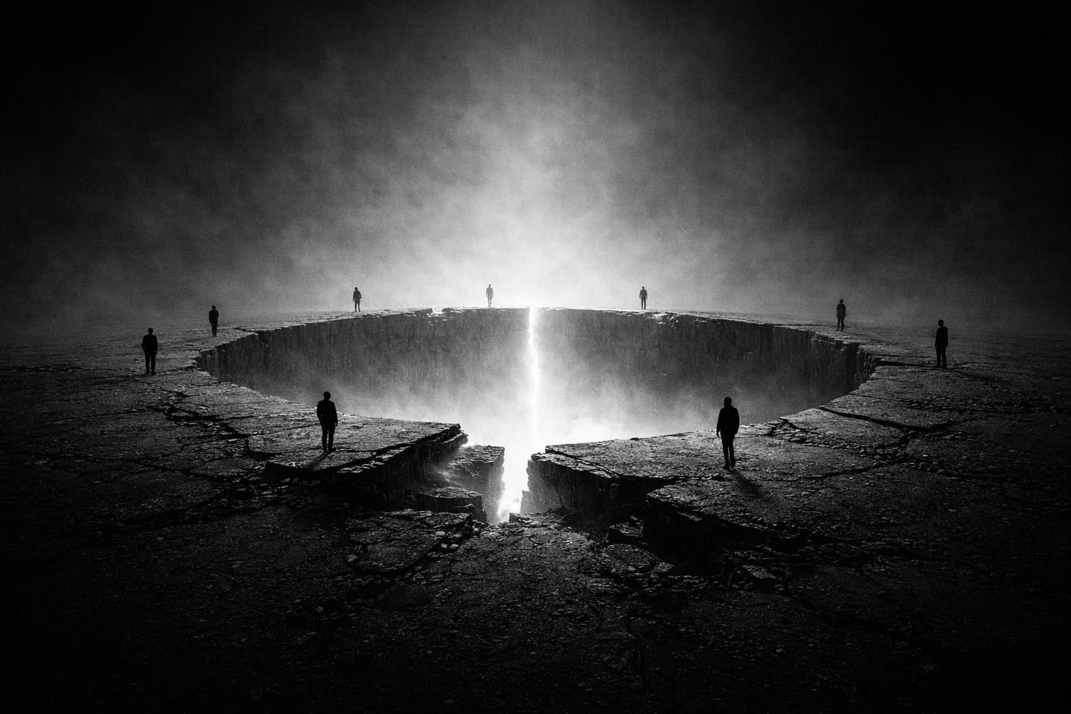 A figure beneath a cracked circle of light in darkness