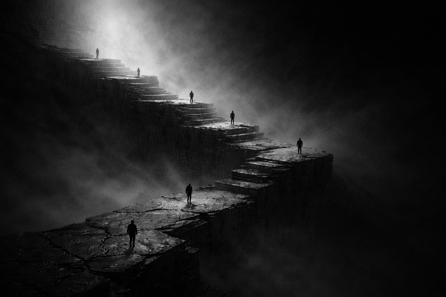 A figure descending into darkness through a narrow passage