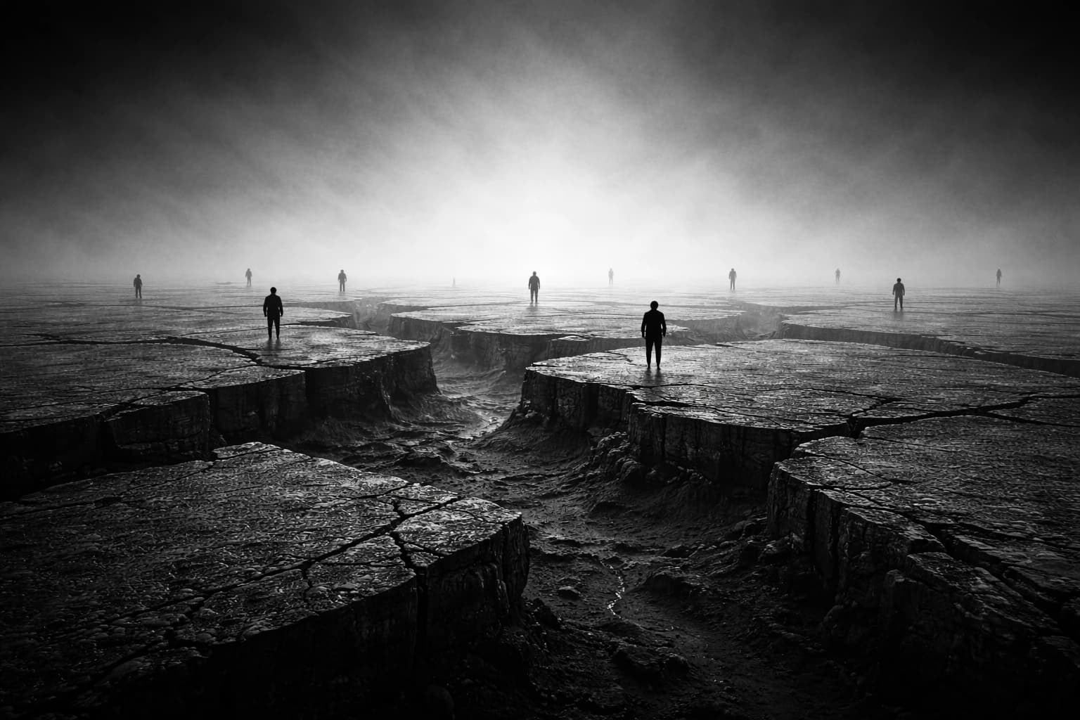 A figure navigating fractured terrain in heavy fog