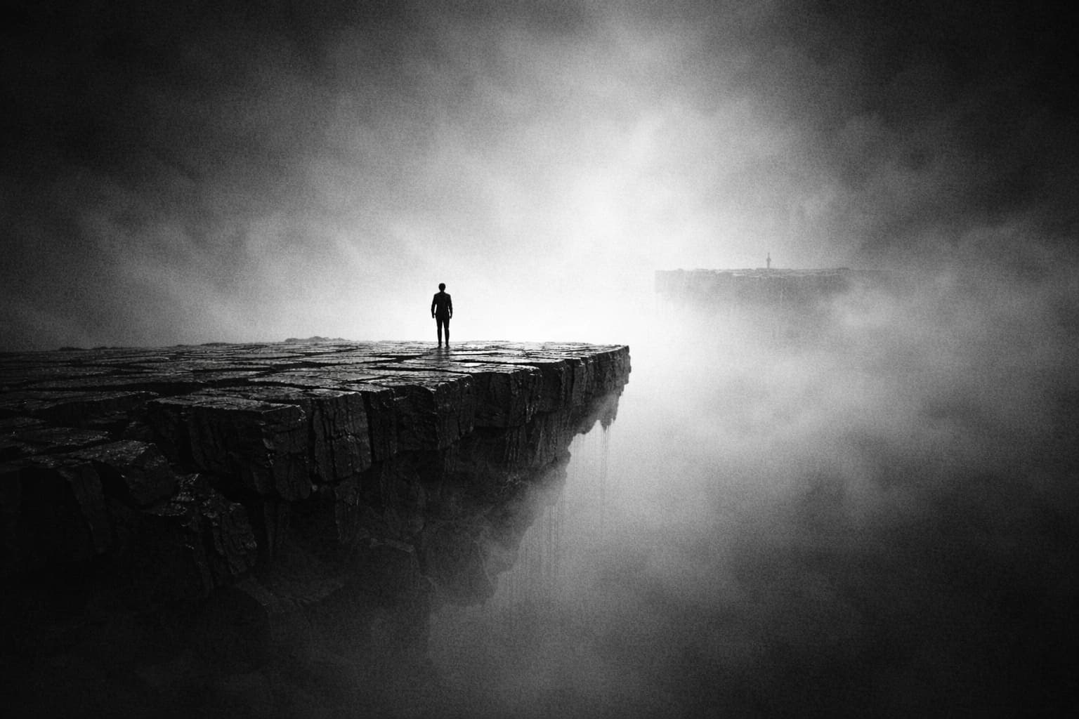 A solitary figure standing on a floating platform in void