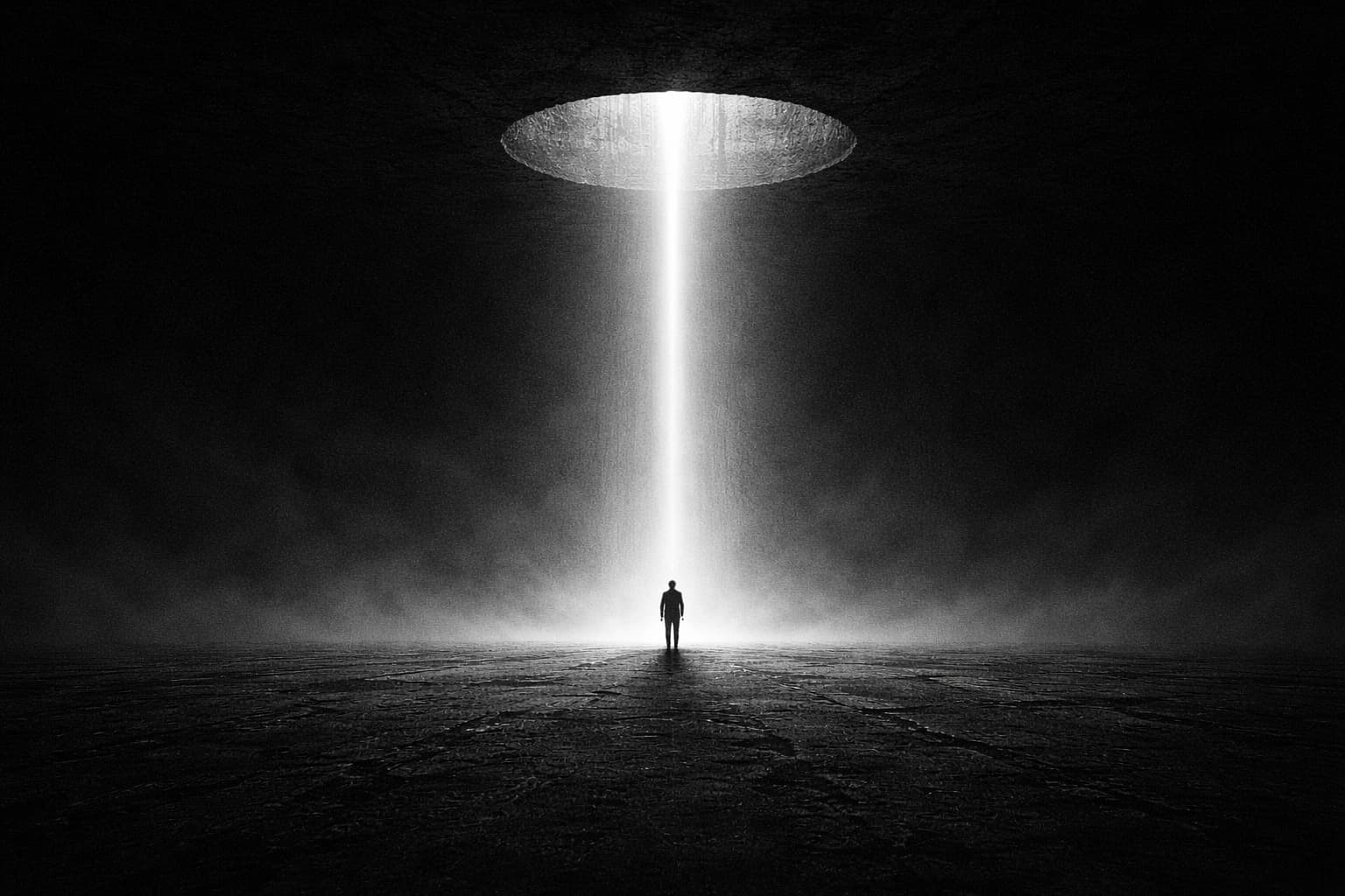 A figure standing under a circle of light breaking through darkness