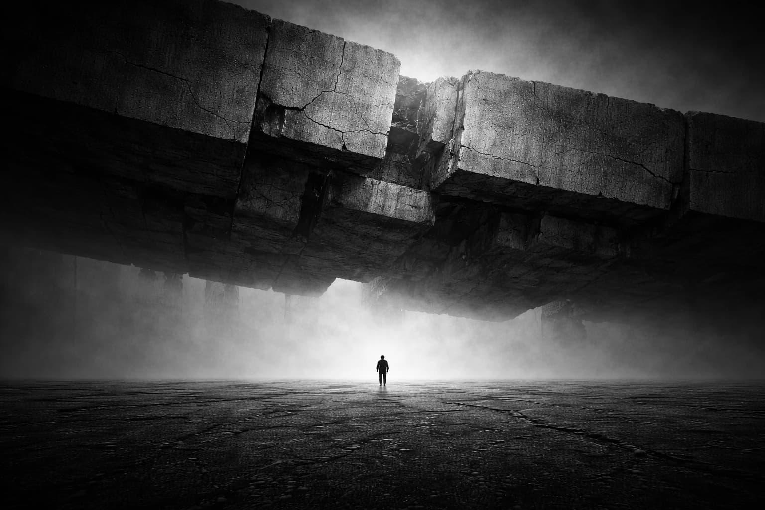 A figure under the shadow of collapsing structures