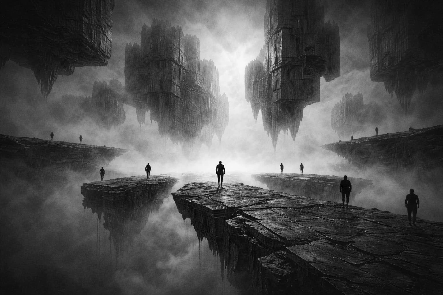 Solitary figures on fragmented floating platforms with suspended structures above