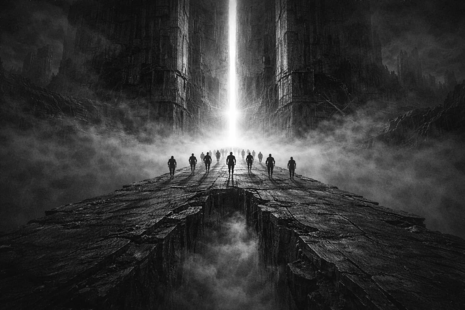 Figures walking on cracked stone path toward light between monolithic walls