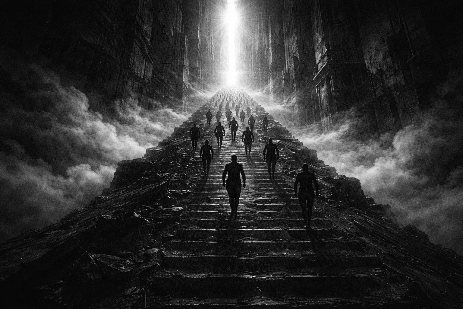 Silhouettes ascending a monumental staircase toward piercing light